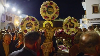 Good Friday, Epitaphios, funeral procession, night procession with an image of Christ surrounded by