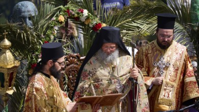 Priests in richly decorated robes reading from a book during a solemn ceremony under palm trees,