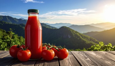 Bottle of fresh tomato juice on table, space for text, refreshing drink and vegetables from red