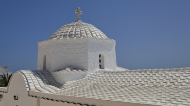Cross-domed church Panagia Diasosousan, White church with dome and cross under a clear sky, Church,