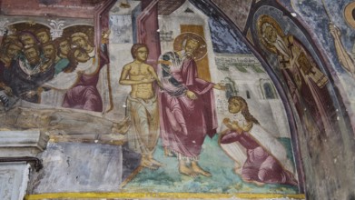 Medieval fresco with holy figures at a religious ceremony, Monastery of St John, People seeking