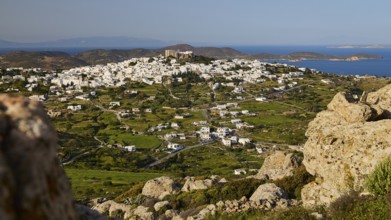 Rocky landscape with panoramic view of a village and the sea, Monastery of St John the Theologian,