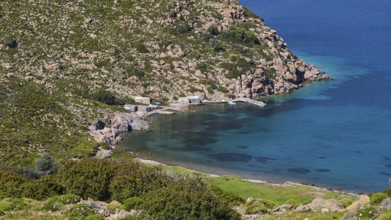 Small harbour bay with crystal clear water surrounded by rocky landscape and lots of greenery,