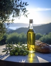 Bottle of fresh olive oil with branch with green olives and ciabatta, closeup, white wooden table,
