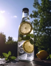 Bottle of fresh cold sparkling water lemonade with ice and lemon slices, mint, summer drink,