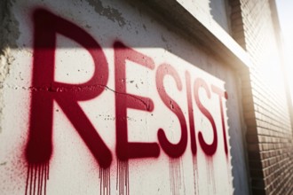 Graffiti with text RESIST in bold red letters on sunlit concrete wall. Generative ai, AI generated