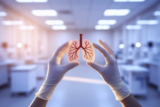 Gloved hands holding lung model in warm-lit hospital setting, symbolizing respiratory health and