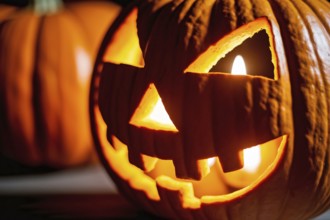 Close-up of glowing carved Halloween pumpkin with spooky face in dark atmosphere. Generative ai, AI