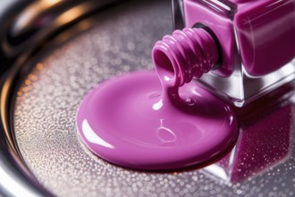 Spilled hot pink nail polish on glittery mirrored tray in macro close-up with rich color and