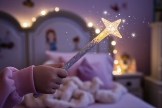 Sparkling fairy wand with star tip held by young girl's hand, magical children's toy. generative