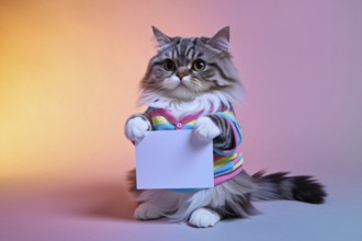 Cute domestic cat wearing a shirt holding a blank white sign in colorful studio background for
