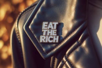 Close up of political protest pin with eat the rich slogan attached to leather jacket symbolizing