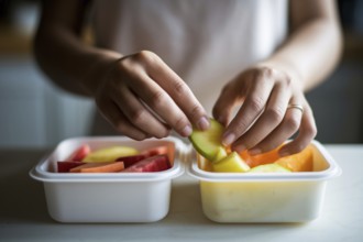 Preparing school lunchboxes: woman's hands packing healthy fruits for children. Generative ai, AI