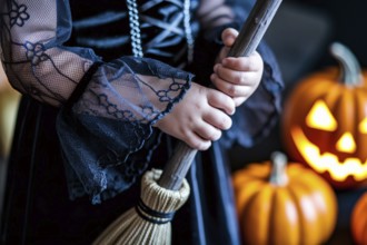Close-up of witch broom held by young girl in black Halloween costume with pumpkins in background.