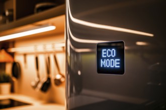 Modern refrigerator door with glowing Eco mode display in warmly lit kitchen interior. Generative