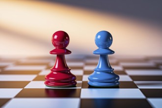 Red and blue chess pawns face off on minimalist board under warm light, symbolizing strategic