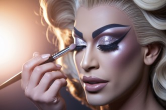 Close-up of drag queen applying glitter eyeshadow under soft studio lighting with pastel background