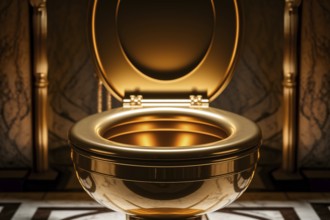 Golden toilet bowl in luxurious bathroom with ornate fixtures and marble walls under soft ambient