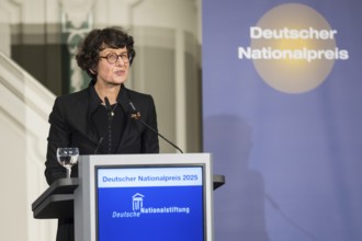 Özlem Türeci (founder of Biontech SE) gives an acceptance speech after receiving the German