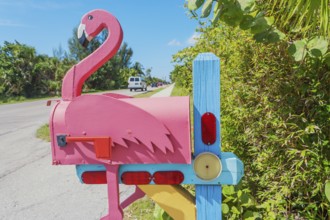 Pink Flamingo wooden mailbox, Sanibel Island, Florida, USA