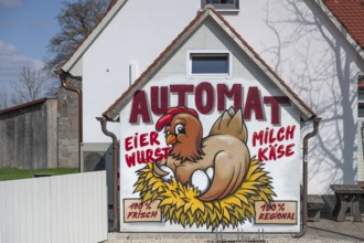 Chicken in a nest, wall painting, advertisement for a food vending machine, Bavaria, Germany