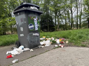 Disposable waste, car park, rubbish bin on the A28, Easter days, Lower Saxony, Germany