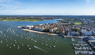 Panorama of Marina and Beach in Arcachon from a drone, Arcachon, Gironde, France