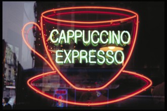 Illuminated advertising at a café, Cappuccino Expresso, New York City, USA