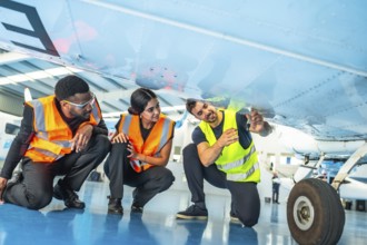 Maintenance team examining underside of aircraft during pre flight check, ensuring safety and