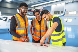 Maintenance team inspecting an airplane wing, ensuring safety and optimal performance while