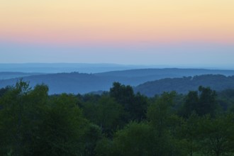 Blue dusk over hills and trees, quiet and peaceful atmosphere, Geishöhe, Dammbach, Spessart,