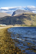 View of Caol Beach and Nevis Range Mountains, Corpach, Fort William, Highland, Scotland, UK