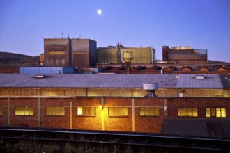 Deutsche Edelstahlwerke in the blue hour with moon, Witten, Ruhr area, North Rhine-Westphalia,