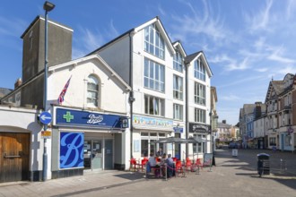 Pedestrianised street and shops, Triangle Park, town centre of Teignmouth, south Devon, England, UK