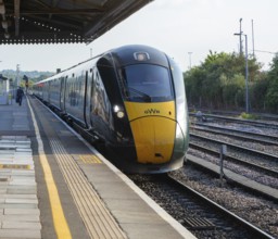 GWR British Rail Class 800 Inter City Express train arriving at platform, Westbury, Wiltshire,