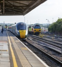GWR British Rail Class 800 Inter City Express train arriving at platform, Westbury, Wiltshire,