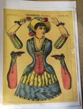 Vintage French colour print poster Colombine Pantin, Imagerie Pellerin, paper cut out doll figure c