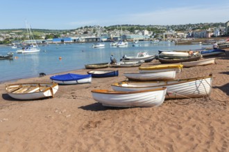 Small boats in harbour at Back Beach, Teignmouth, south Devon, England, UK
