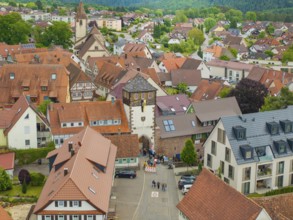 View of a picturesque village with half-timbered houses and a church, surrounded by green