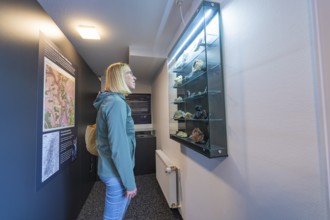 Glass showcase with stones and information boards in a museum room, family festival in Neubulach,