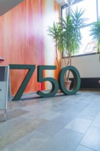 Large number 750 as decoration in front of a colourful wall with bright plants, family party in