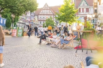 Relaxed people in deckchairs on a sunny day, Calw railway station festival, Black Forest, Germany