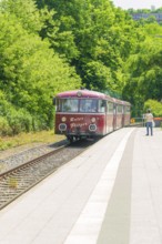 Red train travelling along a green, sunny platform in a rural setting, Calw station festival, Black