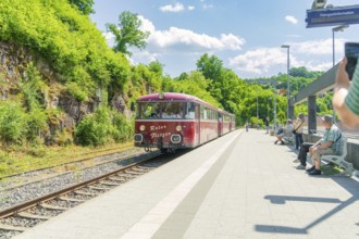 Red train stops at a sunny railway station surrounded by vegetation, Calw station festival, Black
