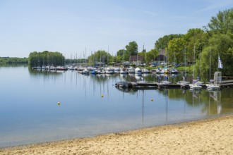 Sandy beach beach and marina on Lake Lippe, reservoir, Sande, Paderborn, North Rhine-Westphalia,