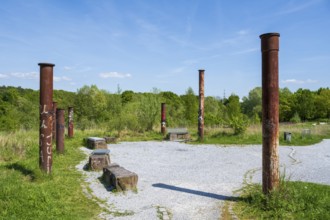 Stelae on the viewing platform at Lake Lippe, reservoir, Sande, Paderborn, Westphalia, North