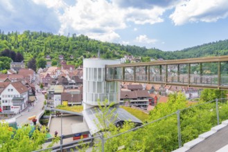 Overview of a pedestrian bridge in a small town with many trees and buildings, Zob extension with