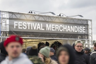 Stand with festival merchandise at the Rock am Ring Festival on Sunday, Nürburgring race track race