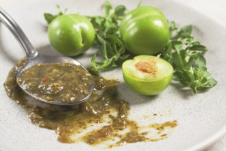 A spoon with tkemali sauce, on a plate, with cherry plum and mint, top view, no people