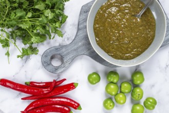 Tkemali sauce, made from green cherry plum, with ingredients on the table, top view, Georgian
